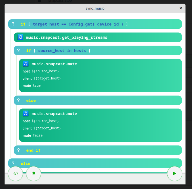 Screenshot of the new procedure editor, showing a snippet of a procedure that synchronizes music streams across multiple devices using the Snapcast plugin