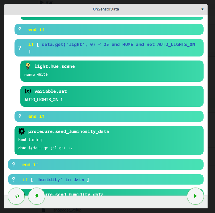 Screenshot of the new procedure editor, showing a snippet of automation to control the lights based on data received from a luminosity sensor