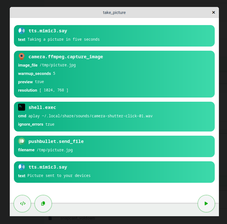 Screenshot of the new procedure editor, showing a procedure that programmatically takes a picture from an available camera and sends it to the phone using the Pushbullet integration