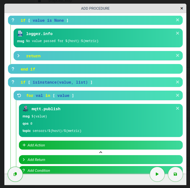 Screenshot of the new procedure editor, showing part of a procedure that publishes sensor data over MQTT.